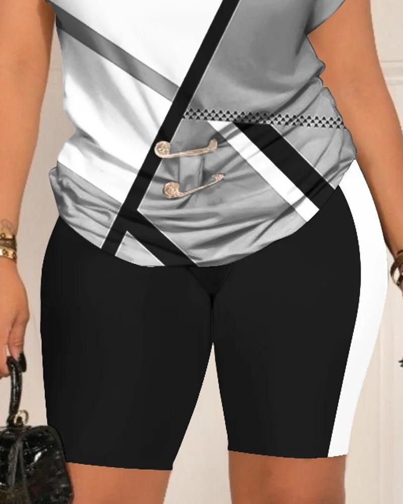 Women Leisure Pin Digital Printing Set O Neck Short Sleeve T-shirt And Shorts 2 Pieces Sets Summer Top + Short Pant 2 PCS Suits