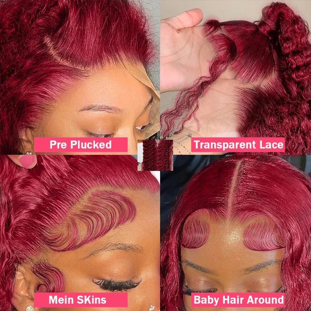 Mamushow 13x4 13x6 Deep Wave Lace Frontal Wig Transparent 99J Burgundy Curly Lace Front Wigs Red Colored HD Deep Wave Human Hair