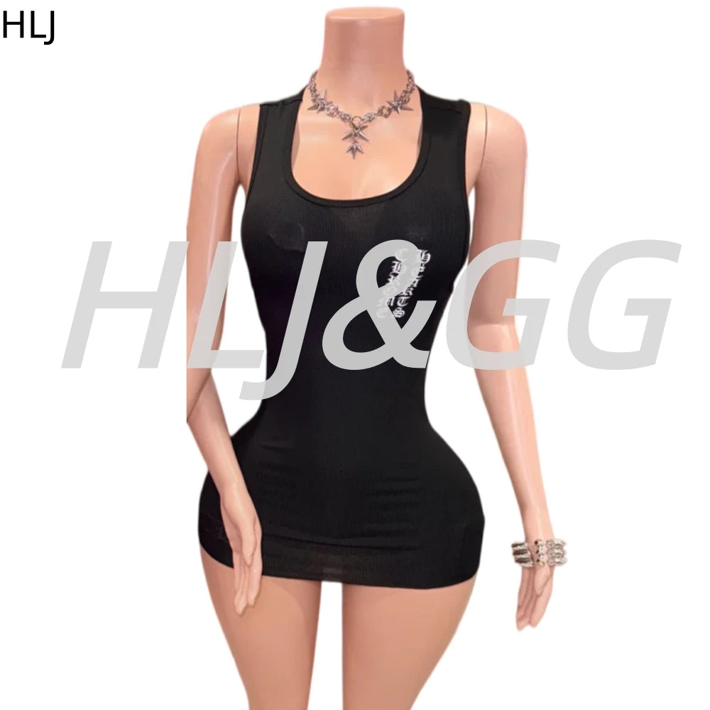 HLJ Summer New Letter Print Ribber Bodycon Mini Dresses Women Round Neck Sleeveless Slim Vestidos Fashion Y2K Streetwear BR 2026
