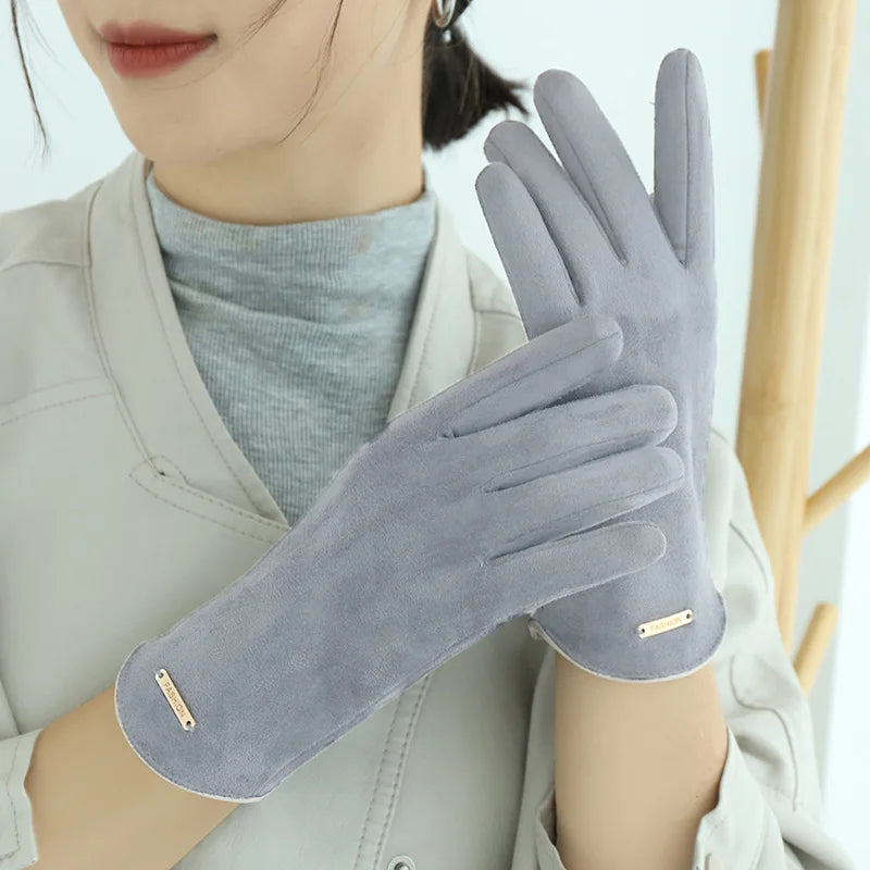 Autumn Winter Women Keep Warm Fingertip Flap Touch Screen Thin Solid Simple Gloves Cycling Drive Suede Fabric Elegant Windproof