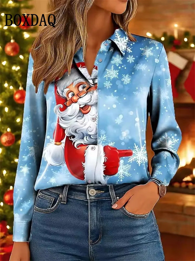 New Christmas Snowflake Women Shirts Autumn Winter Long Sleeve Cute Cartoon Santa Claus 3D Print Blouse Casual Lapel Button Tops