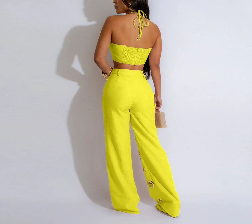 Metal Ring Hollow Out Two Piece Set Women Sexy Strapless Lace Up Halter Backless Crop Tops + Wide Leg Pants Casual Street Suits