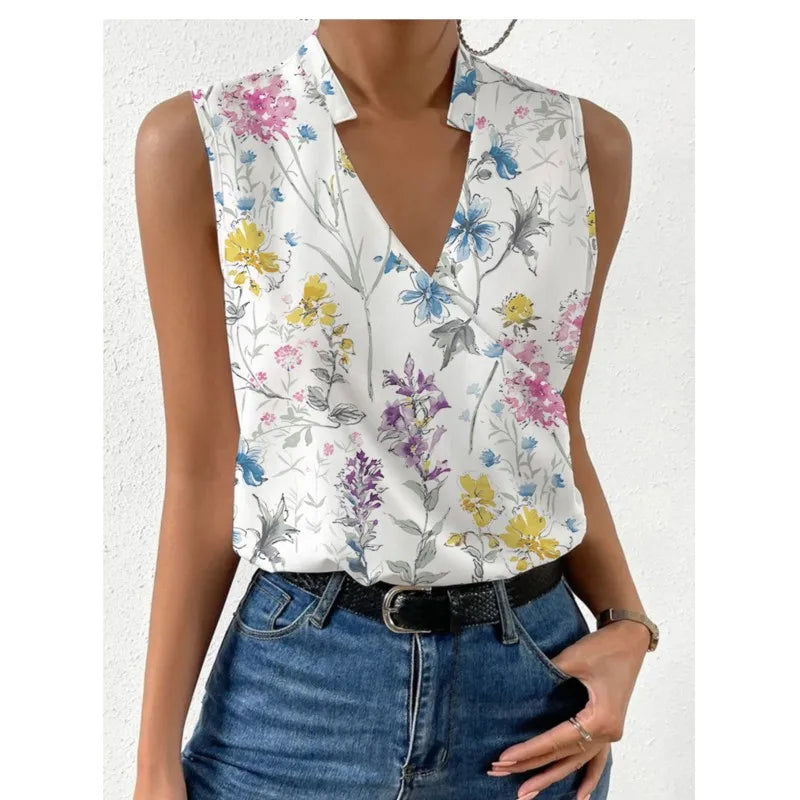 New Tees Women's 2024 Summer Slim V-neck Sexy Simple Style Printing T-shirts Sleeveless Vintage Casual Temperament Ladies Tops