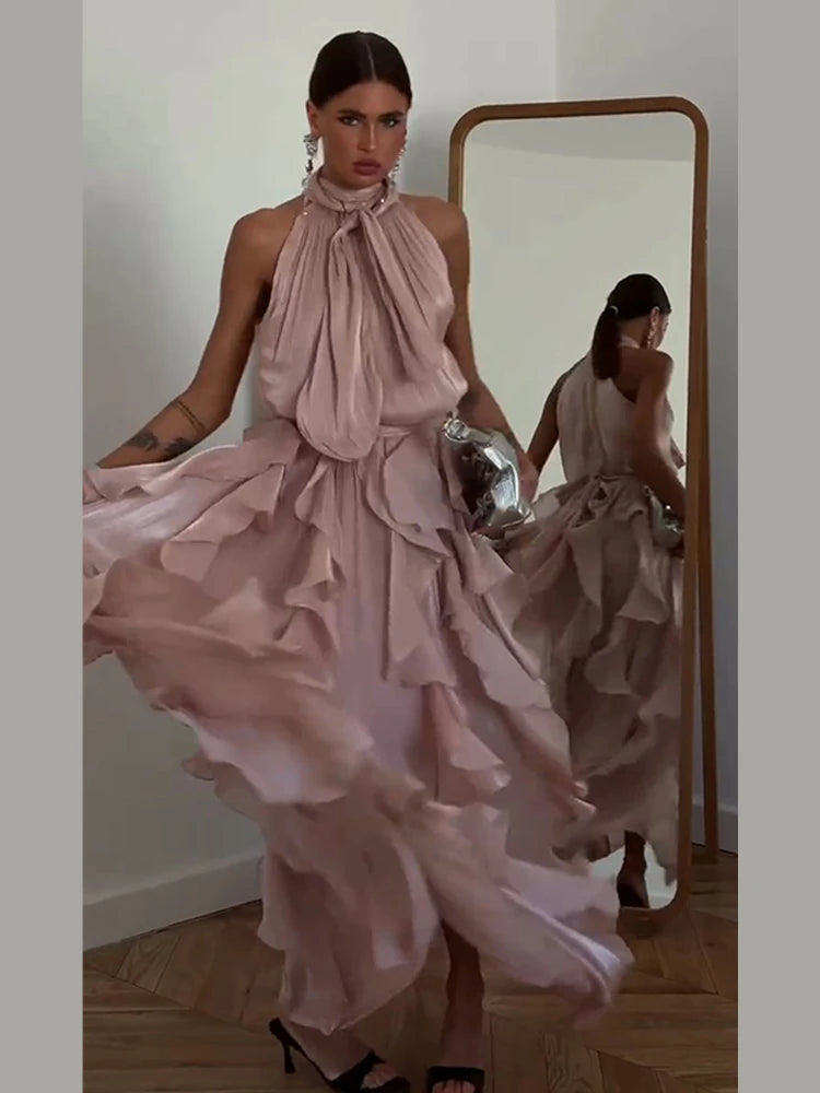 Fashion Halter Ruffle Long Dress Women Chiffon Sleeveless Ruffled Tiered Waist Cinching Party Dresses Lady Holiday Y2K Chic Robe