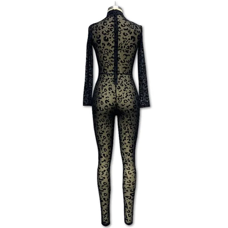 2026 Animal Instinct Mesh Bodystocking Leopard See Through Velour Long Sleeve Rompers Womens Jumpsuit Sexy Midnight Clubwear