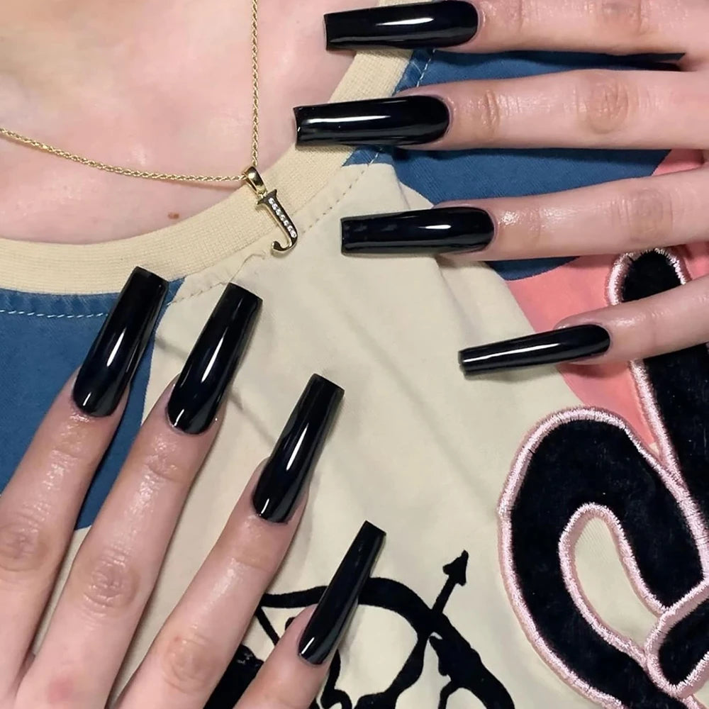 120pcs Long Coffin Press-On Nails Black Glossy Full Cover Acrylic False Nail Tips Wearable Fake Nails Tip for Manicure Extension