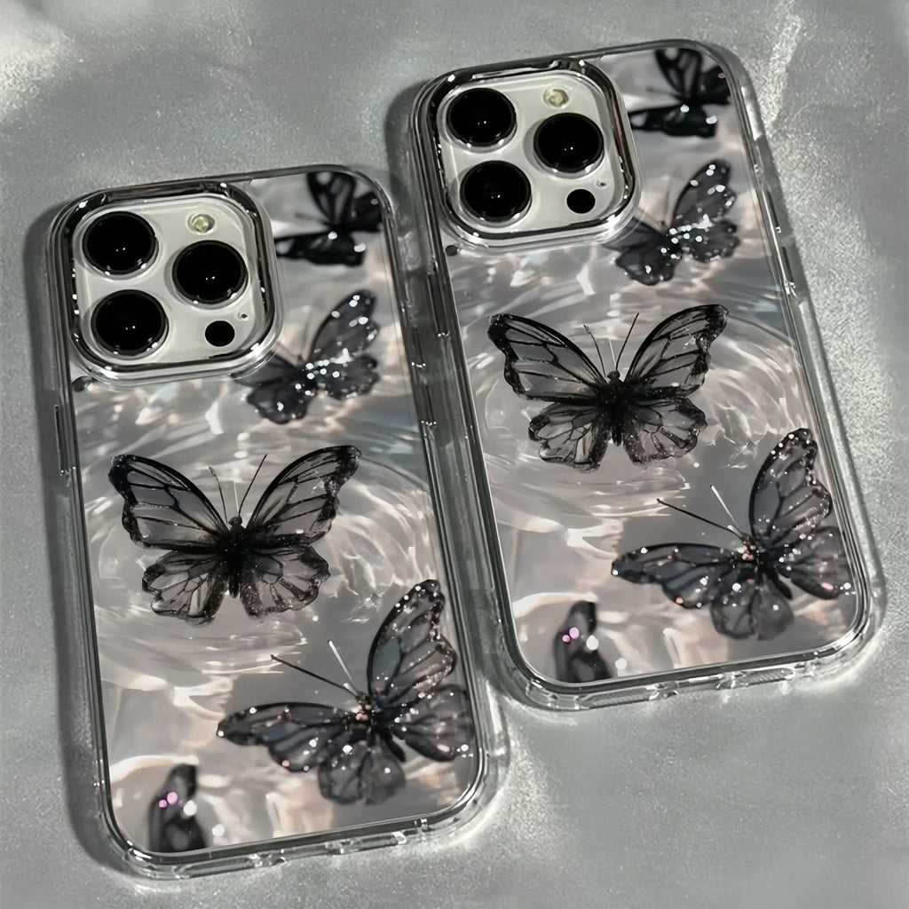 Elegant Black Butterfly Metal Frame Transparent Phone Case For iPhone 17 16 15 14 13 12 11 Pro Max Plus Air 16E Soft Clear Cover