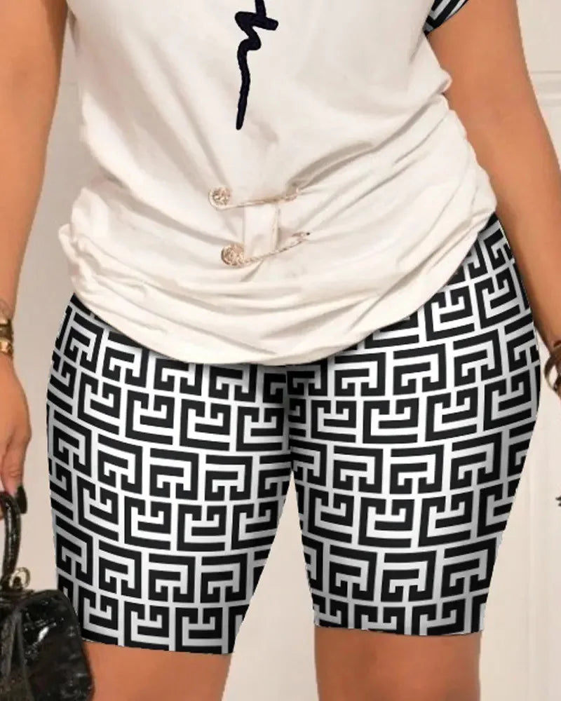 Women Leisure Pin Digital Printing Set O Neck Short Sleeve T-shirt And Shorts 2 Pieces Sets Summer Top + Short Pant 2 PCS Suits