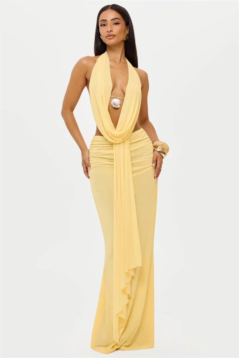 Sexy Dress Set Women Halter Crop Top And Maxi Skirt Matching Sets Female Elegant Beach Club Party Skirt Two Piece Set