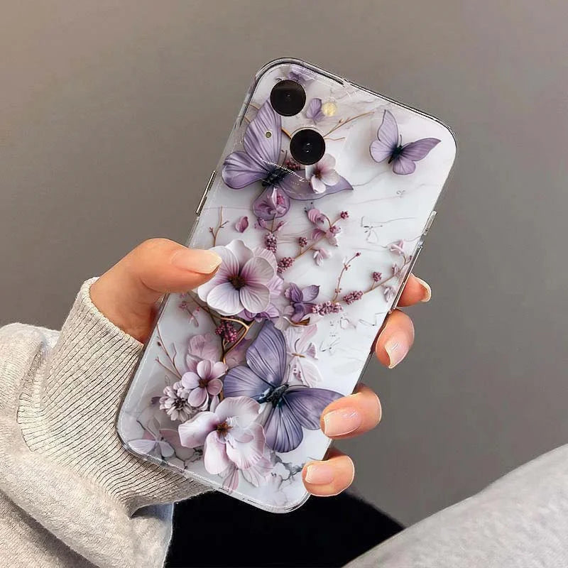 Creative Butterfly Flower Pattern Phone Case For iPhone 11 12 13 14 15 16 17 Pro Max XS X XR 7 8 Plus 16e Transparent Soft Cover