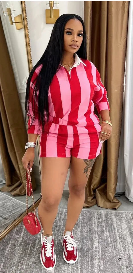 Shorts Pant Set Women Two Piece Sets Short Sleeve Matching Sets Striped Top High Waist Pants Suit Casual Y2k Streetwear Jogger