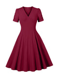 Tonval V-Neck Ruched Sleeve Green Plain Vintage Women Midi Dresses 2026 Summer Retro Prom Party Wear Pockets Side Swing Dress
