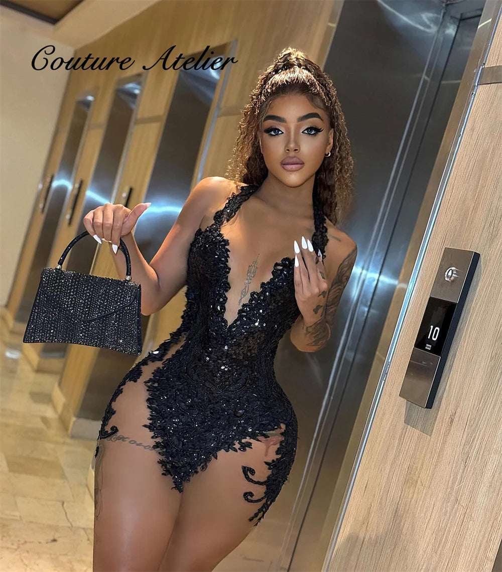 Sexy Black Halter Short Prom Dresses Black Girls Beads Rhinestones Sheer Mesh Baddie Dress For Birthday Mini Cocktail Customized