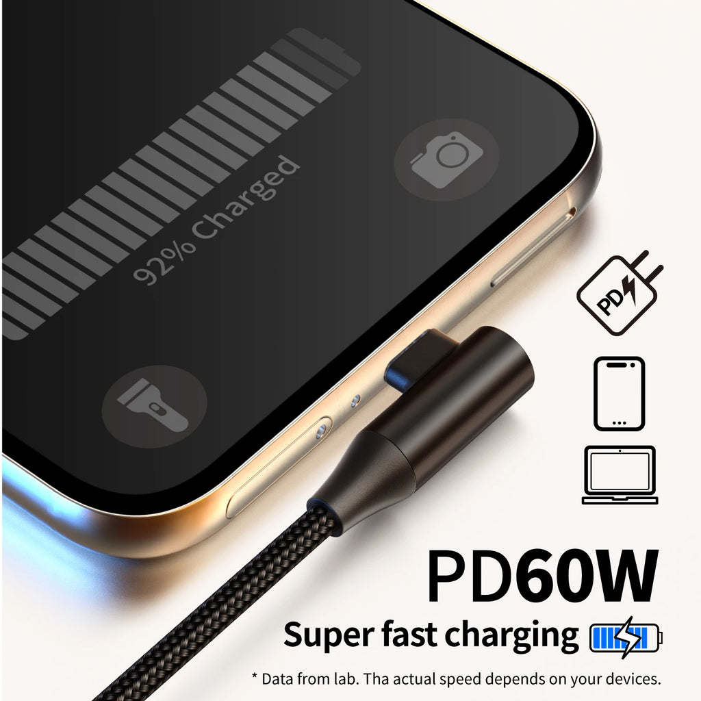 USB-C to Type-C 60W 3A Fast Charging Cable, 90° Angled Design, Nylon Braided. For Type-C phones/tablets/headphones. 25cm/50cm/1m