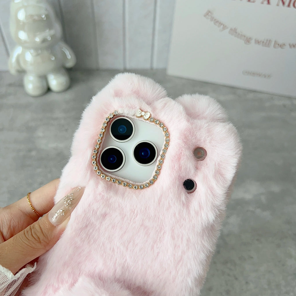 3D Cute Rabbit Ears Fur Plush Phone Case For iPhone 17 Pro Max 16 15 14 13 12 11Pro max Plus mini 17Air Furry Bunny Warm Cover