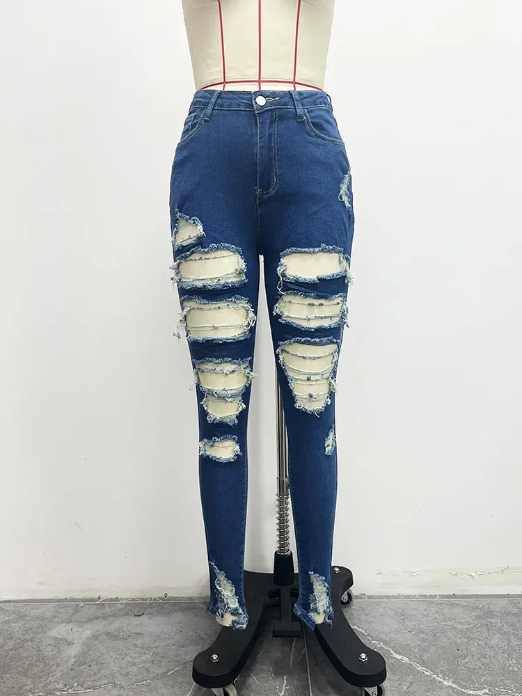 Hole Jeans Women Denim Pencil Pants Streetwear Washed Skinny Stretch High Waist Distressed Ripped Ankle Length Trousers 2025
