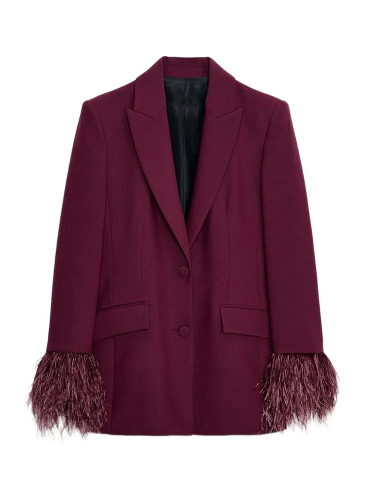 Elegant Feathers Women Blazer Pants Suit Lapel Button Coat Straight Wide Leg Trousers Lady Set 2026 Spring Female Outfits