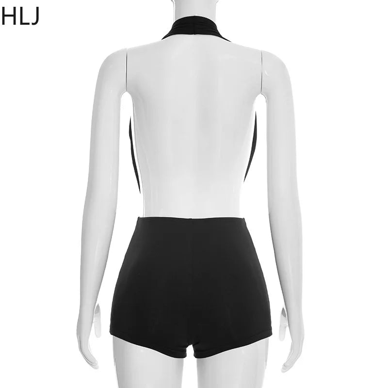 HLJ Sexy Deep V Neck Bodycon Romper for Women Black Halter Sleeveless Backless Shorts Jumpsuit Female Club Party Streetwear New