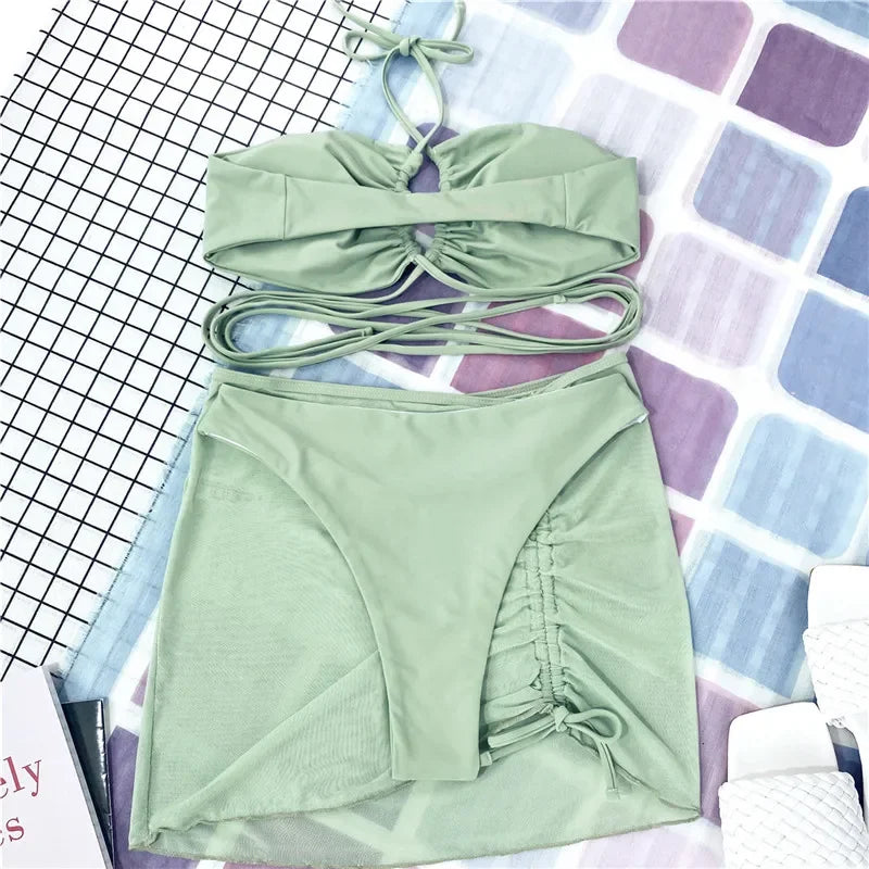 3 Pieces Cross Halter Bikinis Set 2025 Skirt Swimwear Women High Waist Drawstring Bandage Swimsuit Summer Biquini