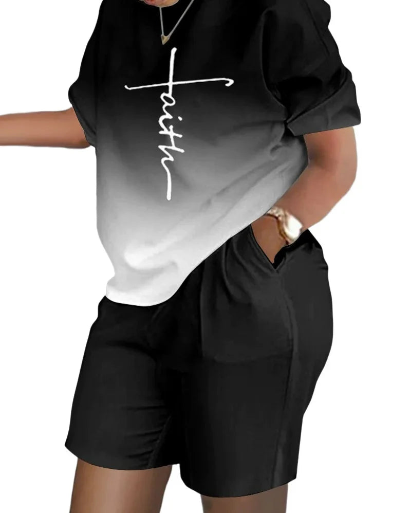 Women Print Two Piece Shorts Sets Matching Sets Short Sleeve T Shirts Pockets Elastic Waist Trousers Y2k Tops Suits Summer 2025