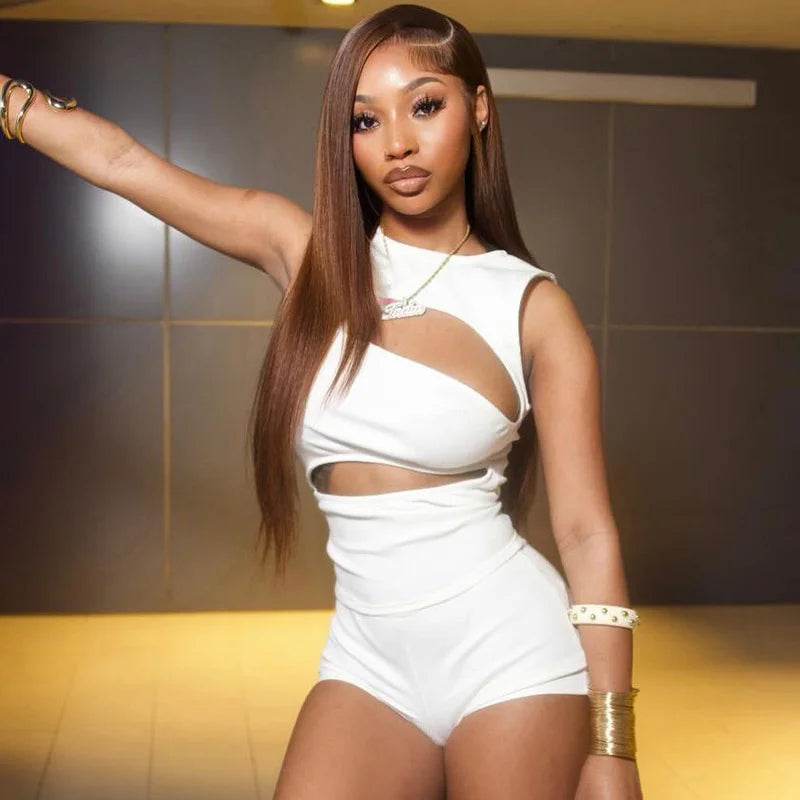 Sexy Hollow Out Clubbing Woman Outfit Sets 2 Piece Rave Festival Clothing Party Knit Top and Shorts Matching Set Conjunto Verano