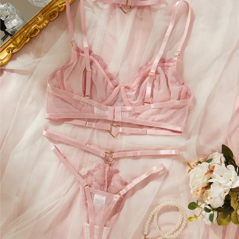 Sexy Lingerie Set Pink Floral Embroidery Lace Sheer Mesh Push Up Bra Thin Bra Panty Matching Underwear Sets Valentine's Gift