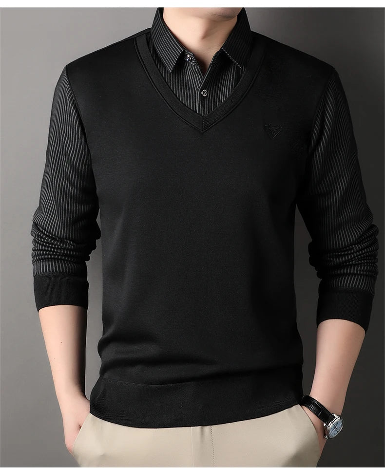 New Autumn Men's Polo Collar Shirts Fashion Knitting Pullovers Striped Thick Polo Shirts Slim Fit Korean Mens Top Clothes