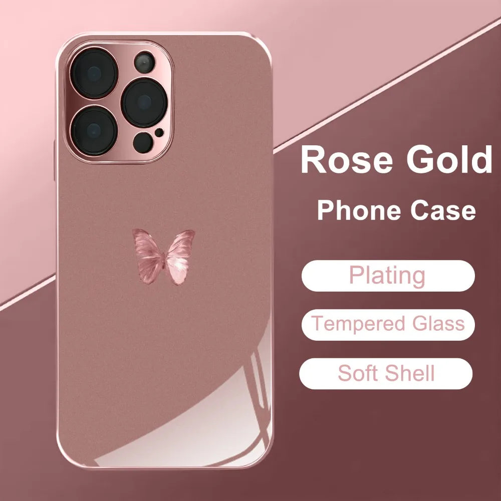 Butterfly pattern glass phone case suitable for iPhone 17 16 15 14 13 12 11 Pro/Max/Plus anti drop and shockproof back cover