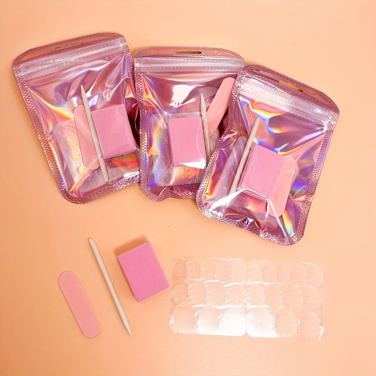 15Set Press On Nail Tool Prep Kit, 75pcs Disposable Manicure Kit with Nail File, Buffer, Adhesive Nail Tabs, Wood Stick, Hologra