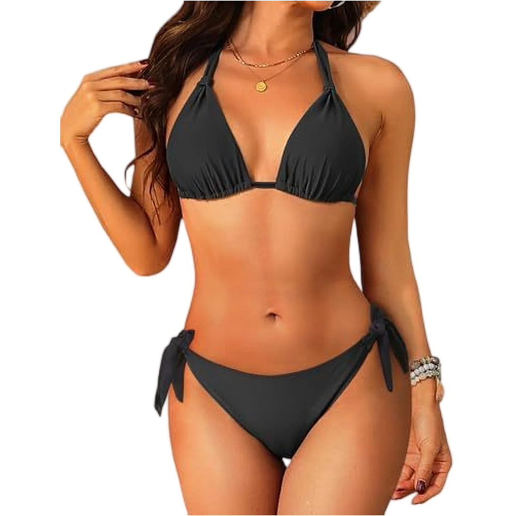 2026 Sexy Halter Low Waist Bikini Set Women's Triangle Thong Swimsuit Knot On The Edge Swimwear Bathing Suit Brazilian Biquinis