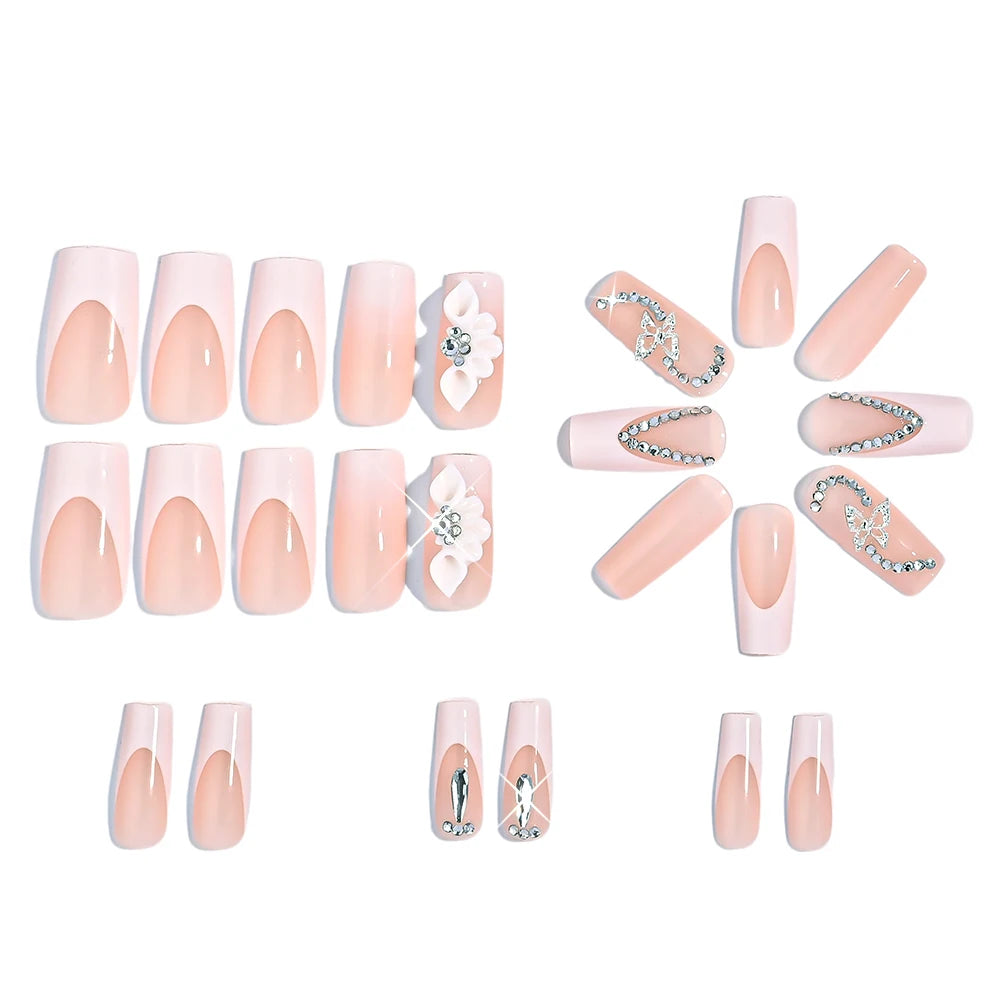 24Pcs Long Coffin French Fake Nails with 3D Butterfly Flower Rhinestones Handmade Press On Nail  Datachable Square False Nailtip