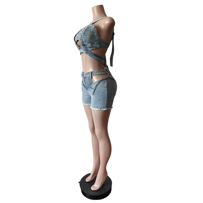 FAGADOER Summer New Sexy Denim 2 Piece Sets Woman Outfit  Y2k Streetwear Spaghetti Strap Sleeveless Crop Top and Shorts Suit