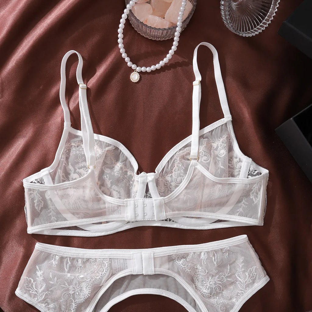 Diccvicc Floral Embroidery Lingerie See Through Lace Garter Underwear Woman Complete Set Extreme Sexy Intimate Kit Erotic Outfit