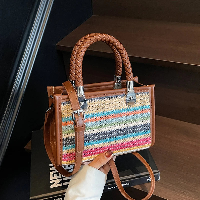 Designer Women Shoulder Bag Fashion Woven Handbag Purse Small Square Crossbody Bags 2025 Brand Straw Tote Bag Classic Ladies Bag