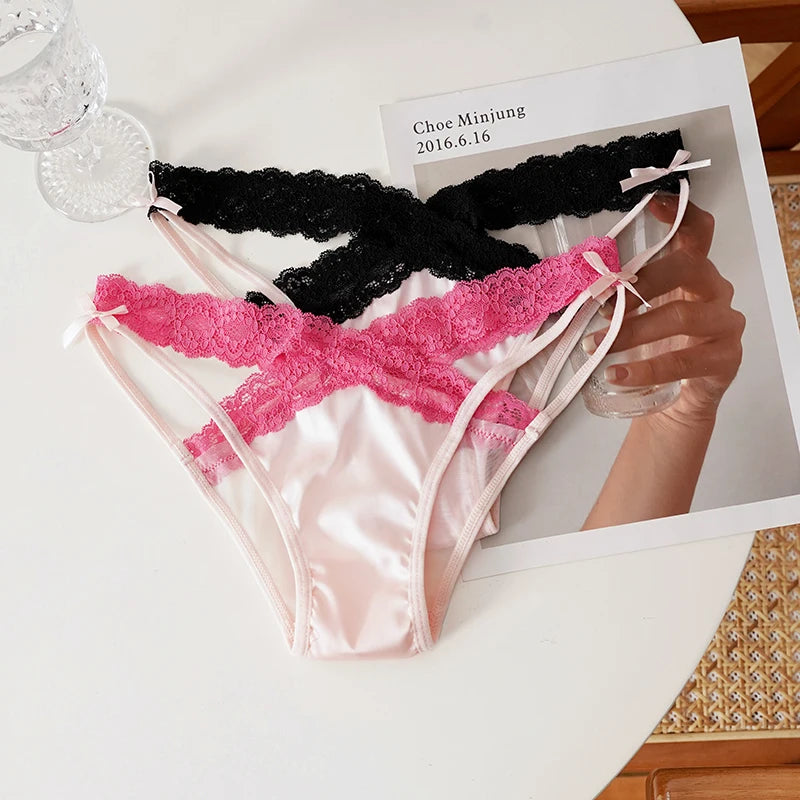 Meet'r Sexy Tempting Underwear Panties Lingerie French Satin Lace Ice Silk Transparent Knit Low Waist Triangle Briefs for Women