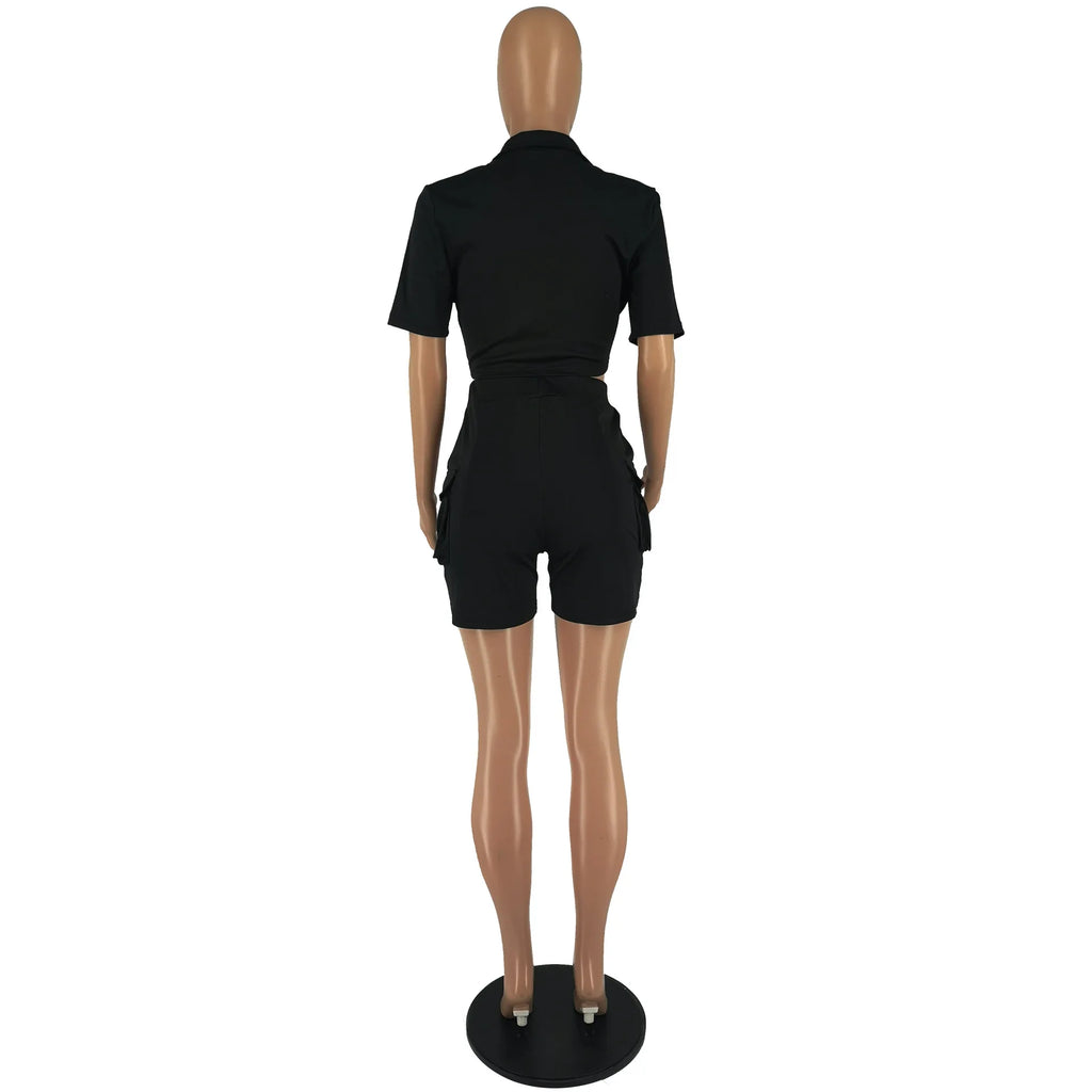 Women Shorts Two Piece Set Turn Down Collar Shirt Button Lace Up High Waist Short Sets Pockets Elegant Lady Streetwear Suit
