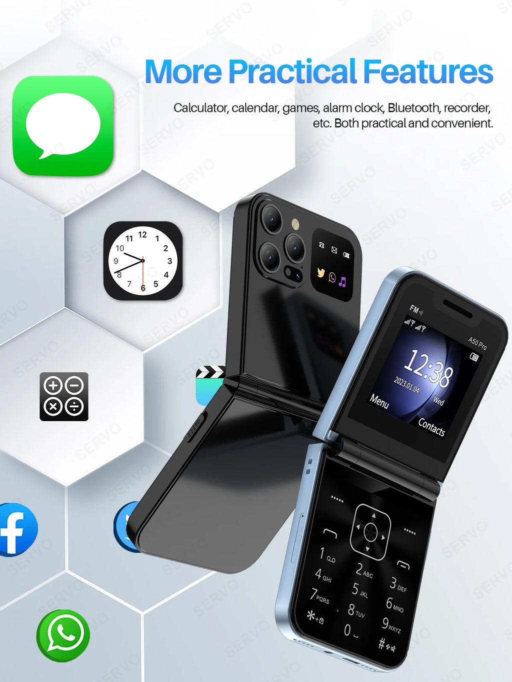 SERVO A50 PRO Flip Mobile Phone 2G GSM 2.4" Display Auto Call Recorder Speed Dial 2 SIMs Foldable Telephones Official Authentic