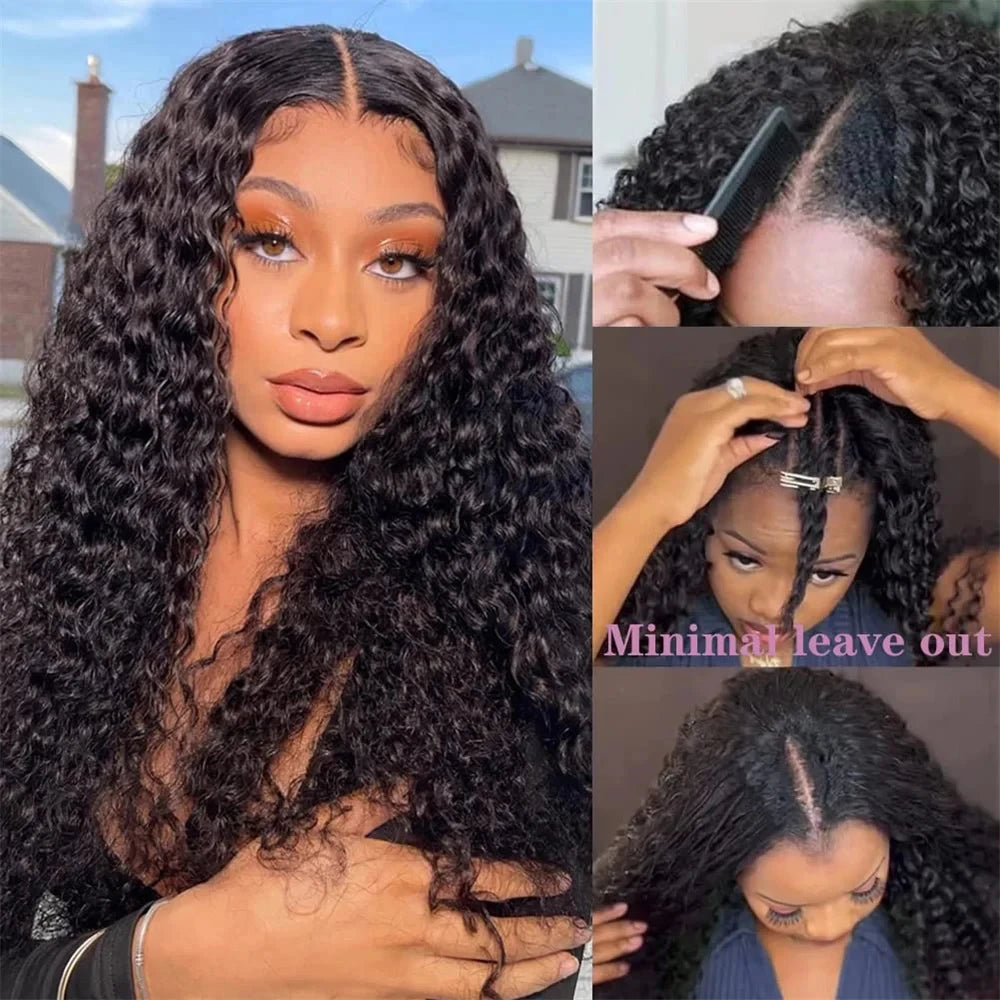 Curly Wigs V Part Human Hair Wigs for Black Women Water Wave Wigs Glueless V Shape Wigs Beginner Friendly In Natural Color