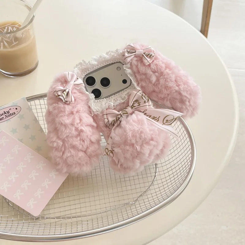 Plush Cute pink blue rabbit  Phone Case for IPhone17 16 15 14 13 Pro Max Soft Silicone Warm Fur Anti-drop luxury Back Cover