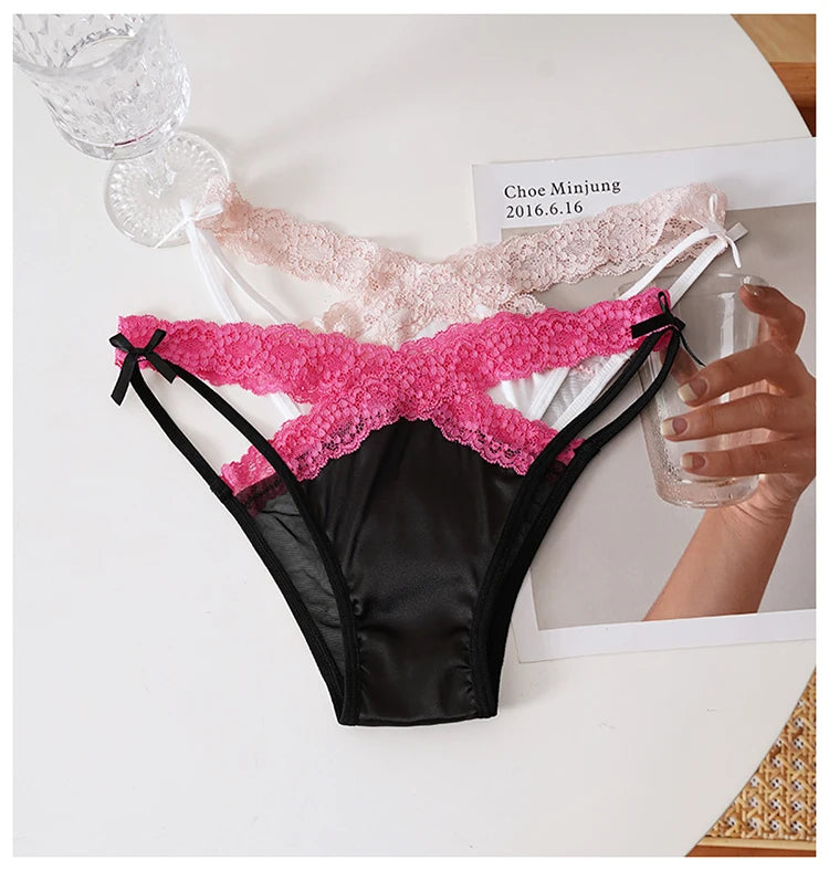 Meet'r Sexy Tempting Underwear Panties Lingerie French Satin Lace Ice Silk Transparent Knit Low Waist Triangle Briefs for Women