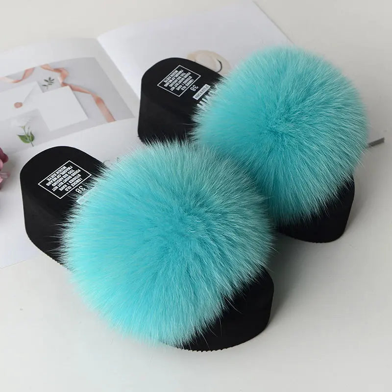 Women Fox Fur Slippers Woman Fashion Sandals Girls Casual Fur Slides 7cm Thick Sole Summer Platform Shoes Modern Slippers Wedges