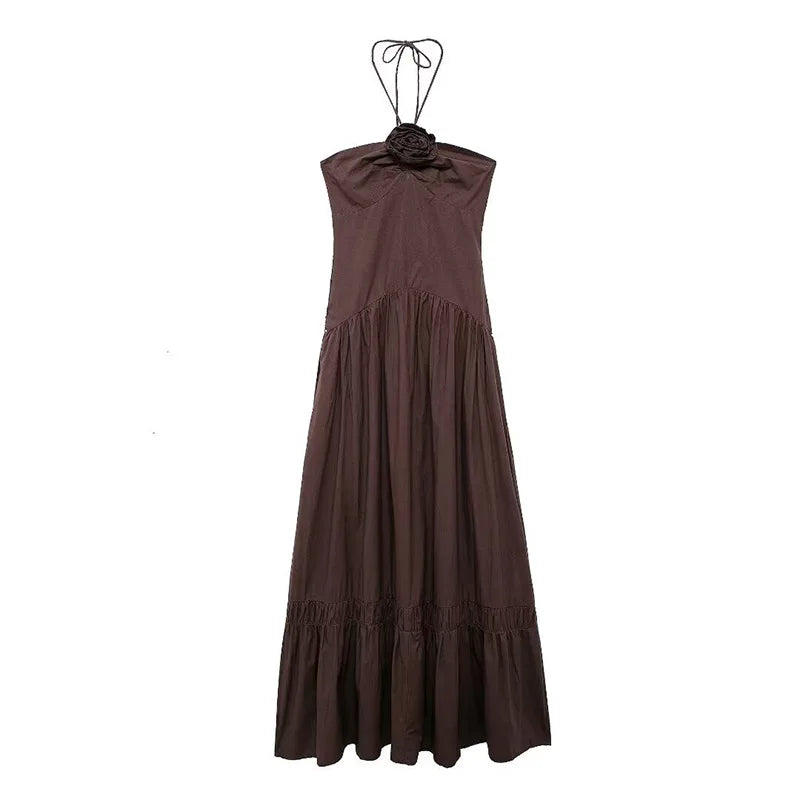 Elegant 3D Flower Long Dress Women Halter Backless Pleated Female Pary Dresses 2024 Fashion Street Sleeveless Solid Lady Robes