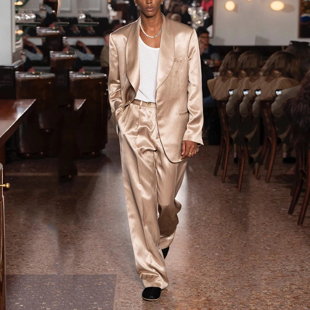 Fashion Satin One Button Shawl Lapel Men Suits 2 pieces Set (Jacket+Pants) Wedding Evening Party Daliy Casual Male Clothing