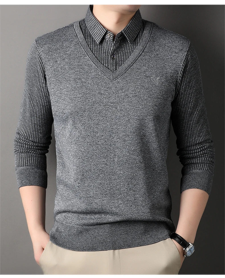 New Autumn Men's Polo Collar Shirts Fashion Knitting Pullovers Striped Thick Polo Shirts Slim Fit Korean Mens Top Clothes