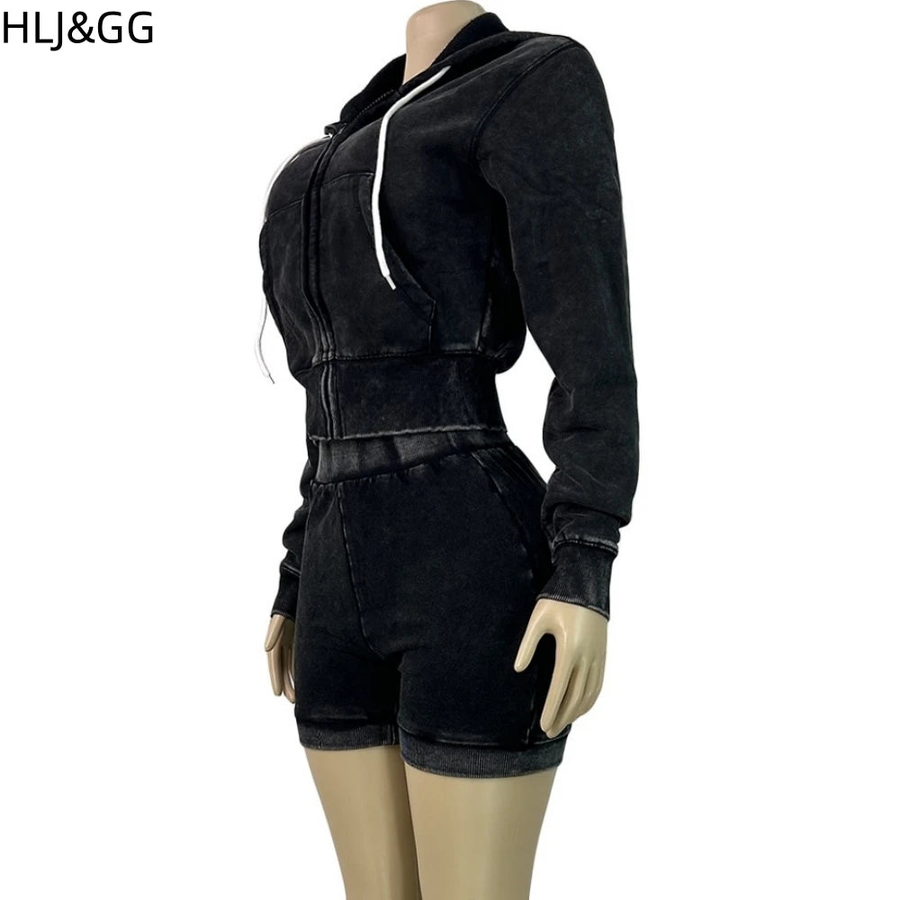 HLJ&GG High Quality Washed Casual Zip Hooded Two Piece Sets Women Long Sleeve Top+Biker Shorts Outfits Fashion Sporty Streetwear