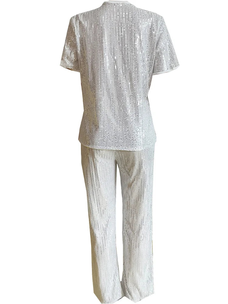 Wmstar Women Two Piece Set Spring Female Casual Shinny Sequin Round Neck Fashion Solid Short Sleeved Tshirt Wide Leg Pants Suit