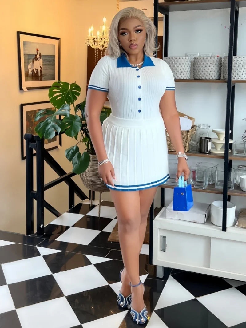 Fashion Knitting 2 Piece Sets Women Outfits Summer Clothing Women 2026 Polo-Neck Top Mini Skirt Suit Casual Knitted Dress Sets