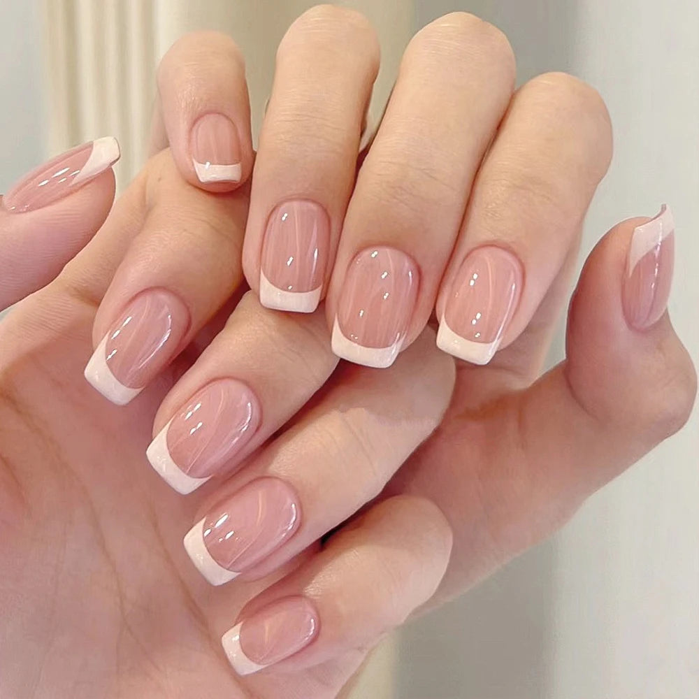 120Pcs Short Square Coffin French Fake Nails Glossy Pink  Full Cover Wearable Press on Nails Wearable Acrylic Fake Nails Tips #