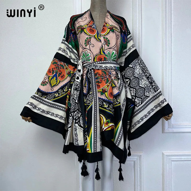 WINYI summer 2024 print Middle east kimono beach cover up dress elegant African women Cardigan Holiday maxi abaya فساتين طويلة