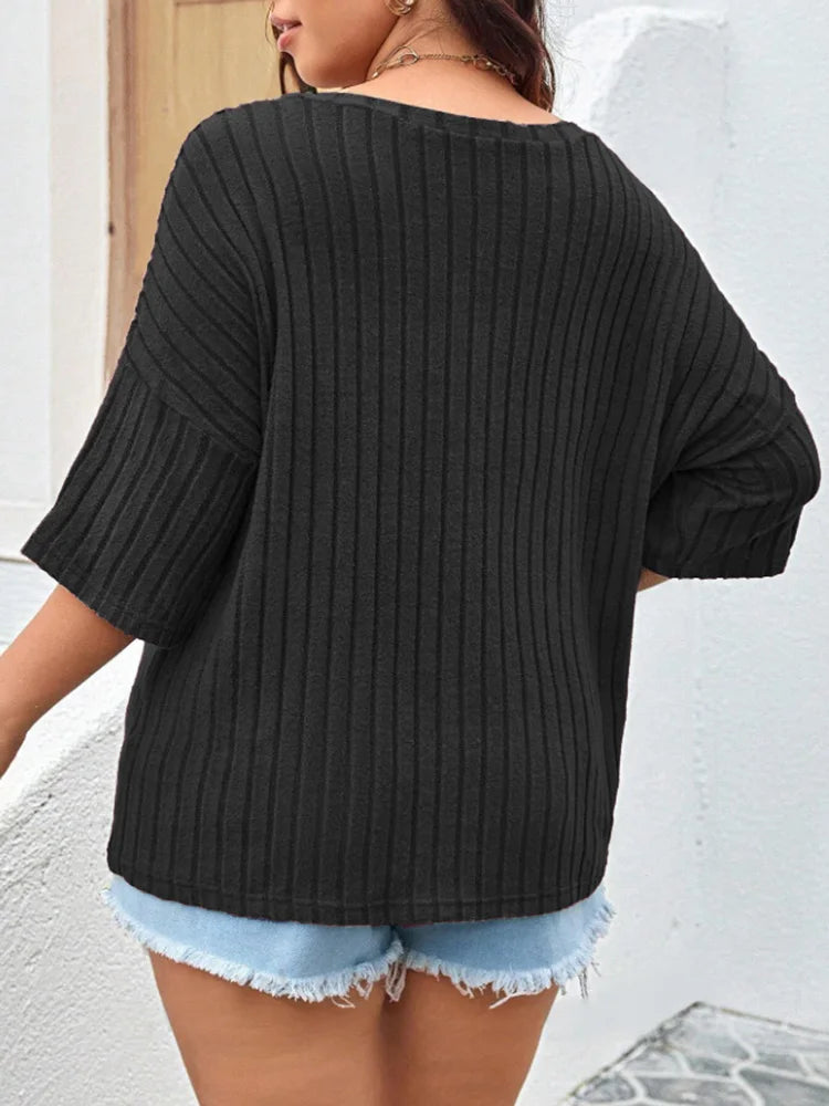 GIBSIE Plus Size Drop 3/4 Sleeve Loose Rib-knit T Shirt Women Summer 2025 Solid Color V-Neck Pocket Casual Female Tops Tees